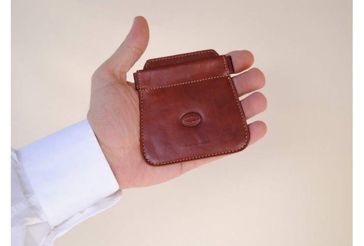 Coin pouch, spring closure, 2 pockets, in Vegetable leather - Cognac/Brown