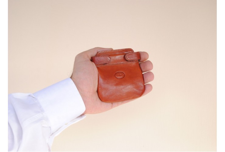 Coin pouch soft, spring closure, 2 pockets, in Vegetable leather - Cognac/Tan