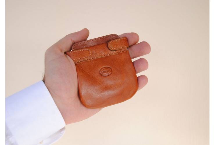 Coin pouch soft, spring closure, 2 pockets, in Vegetable leather - Honey/Tan