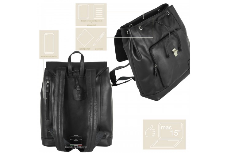 Backpack classic Piccadilly 15" in leather Black Backpack classic Piccadilly 15" in leather Black