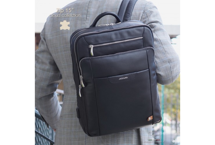 Laptop backpack Zip 15" leather Black