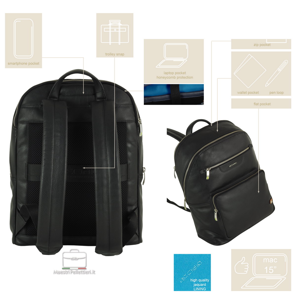 Zaino In Pelle Visconti Marrone - 22x27x14 Cm, Borse In Pelle Con Tasche E Portacellulare, Stile Classico