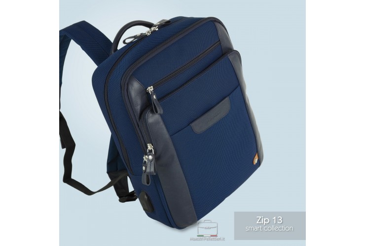 Laptop-Rucksack klein Zip 13" Stoff und Leder Navy blau Laptop-Rucksack klein Zip 13" Stoff und Leder Navy blau
