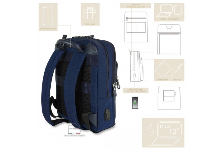Laptop-Rucksack klein Zip 13" Stoff und Leder Navy blau Laptop-Rucksack klein Zip 13" Stoff und Leder Navy blau