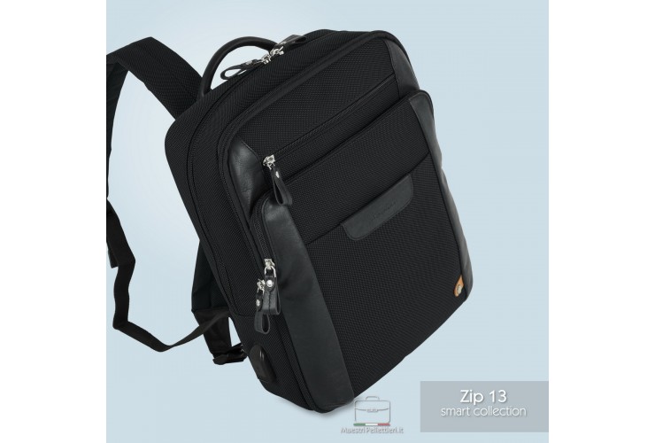 Laptop-Rucksack klein Zip 13" Stoff und Leder Schwarz