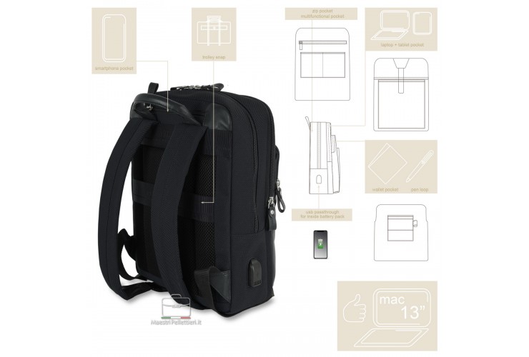 Laptop-Rucksack klein Zip 13" Stoff und Leder Schwarz