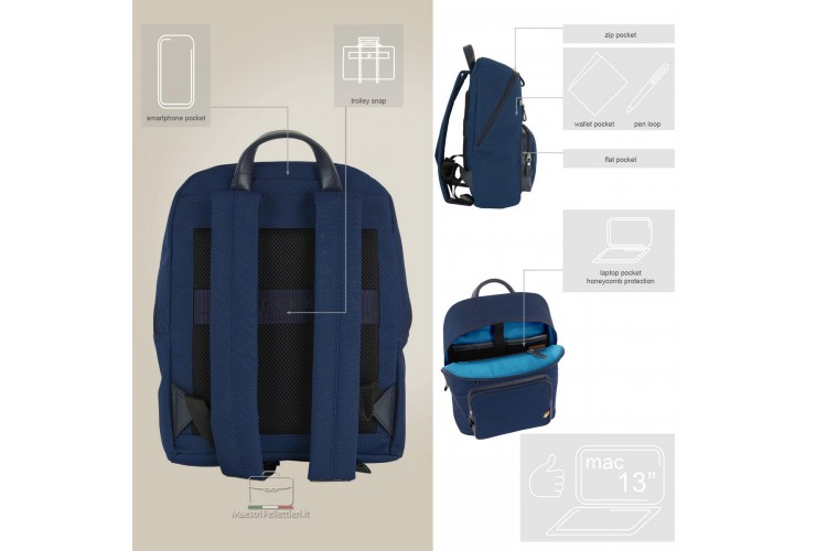 Laptop small backpack Geo 13" fabric and leather Cobalt Navy