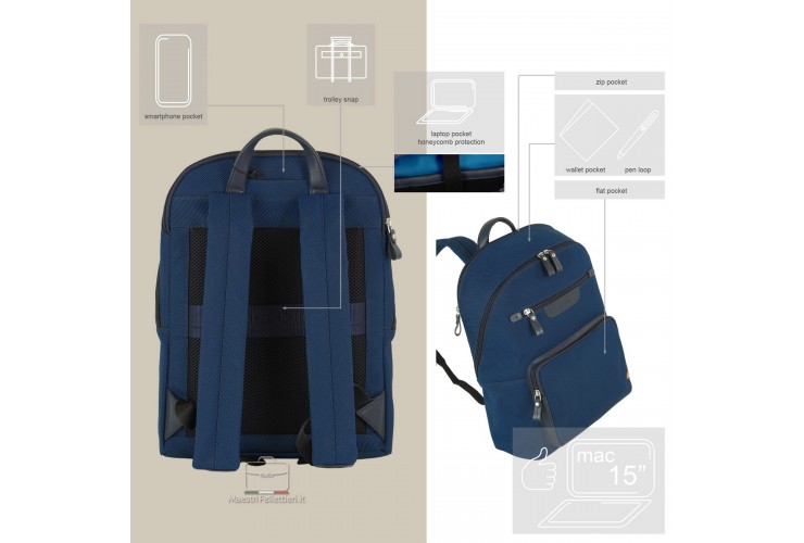 Laptop backpack Geo 15" fabric and leather Navy Blue Laptop backpack Geo 15" fabric and leather Navy Blue