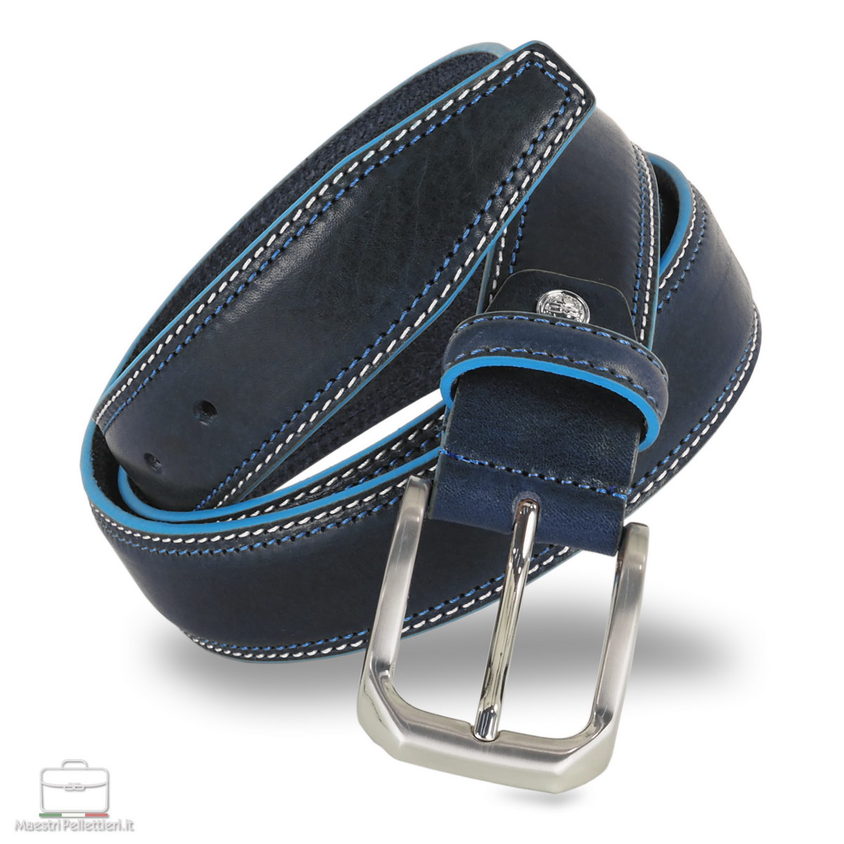 men's jeans belt in leather blue with blue edges