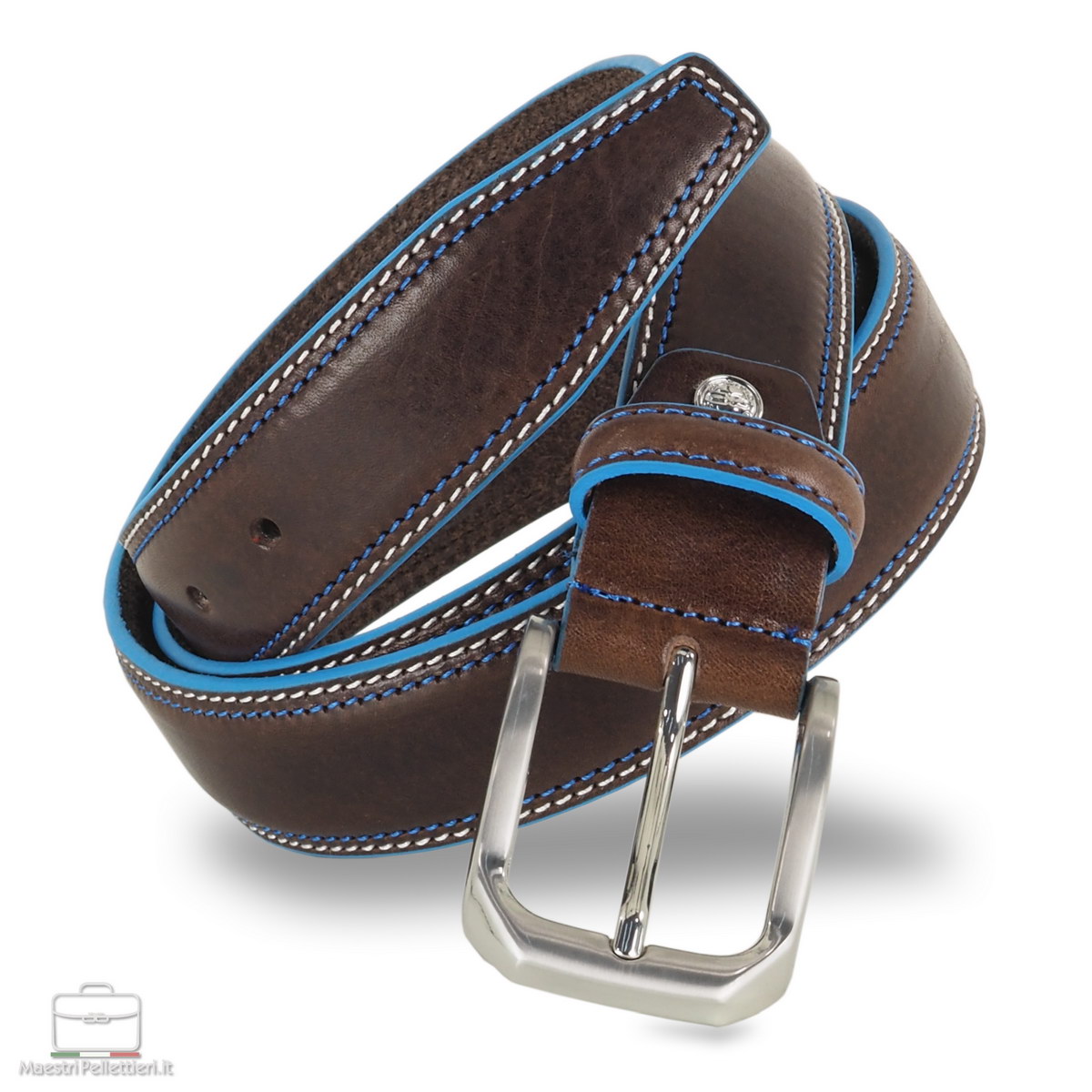 cintura uomo da jeans in cuoio marrone con bordi celesti