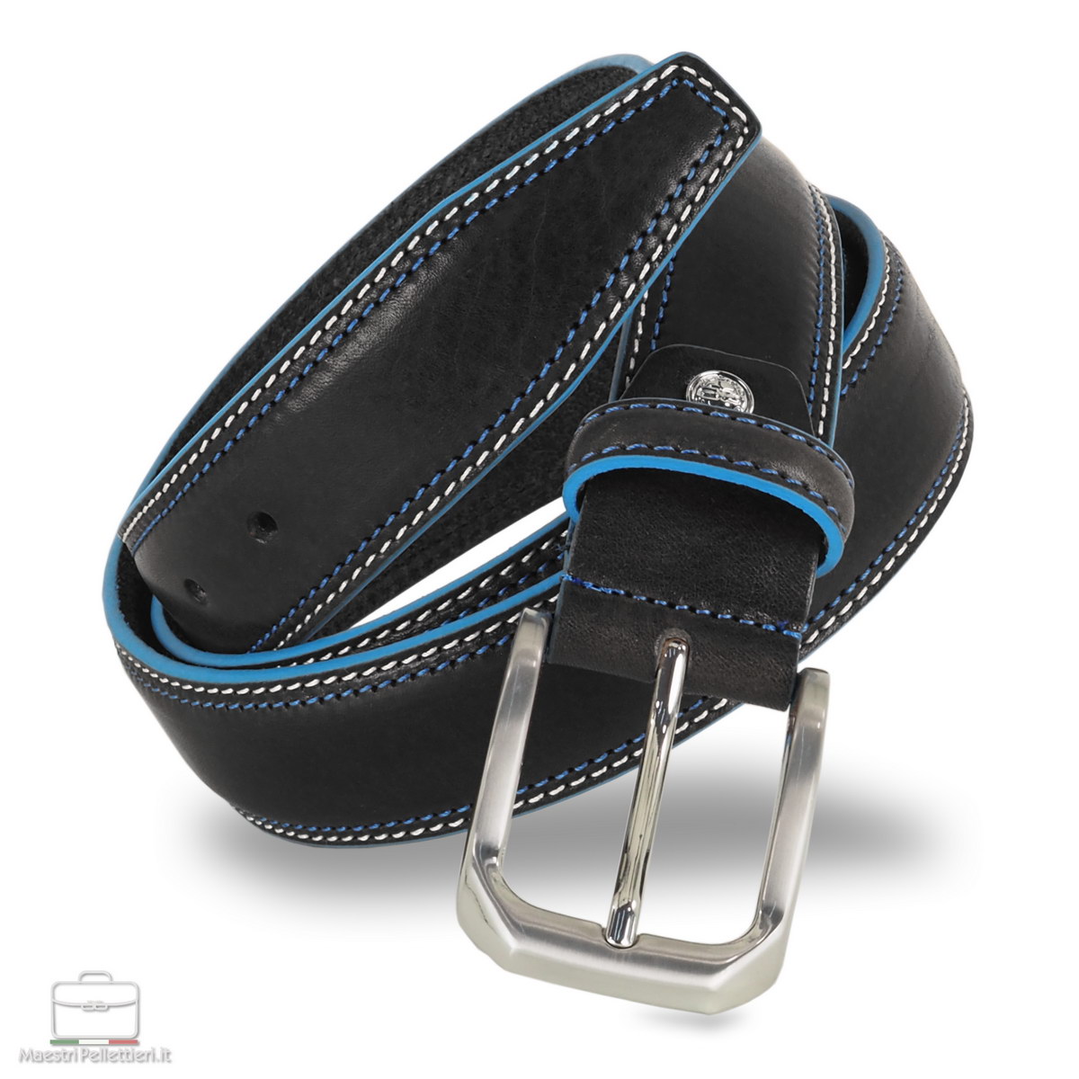 men's jeans belt in leather black with blue edges