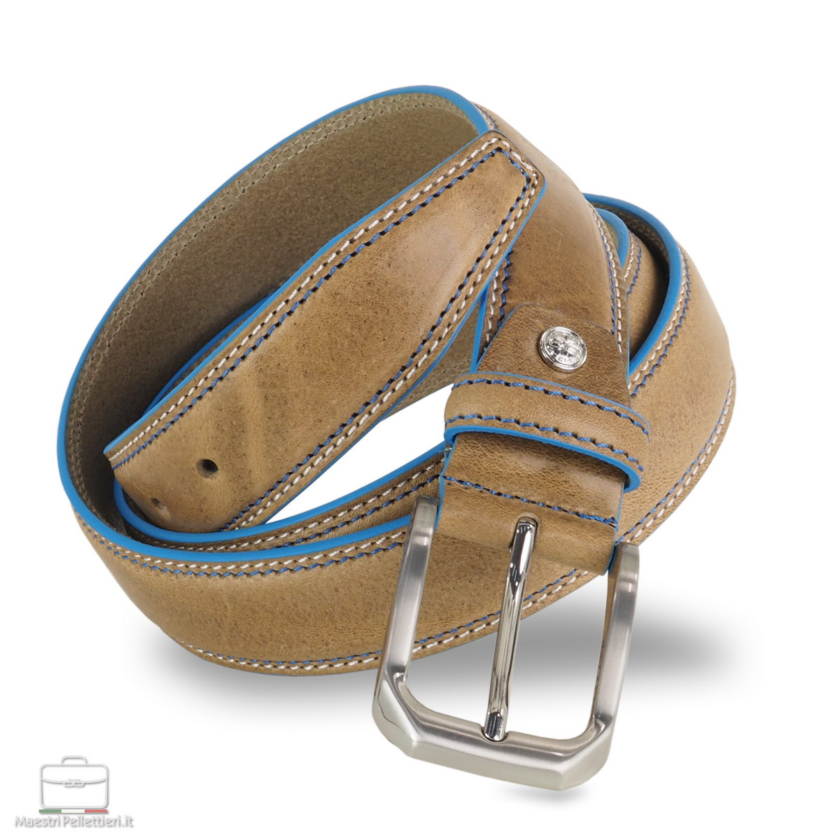herrengürtel aus rindsleder taupe/beige mit blauen kanten