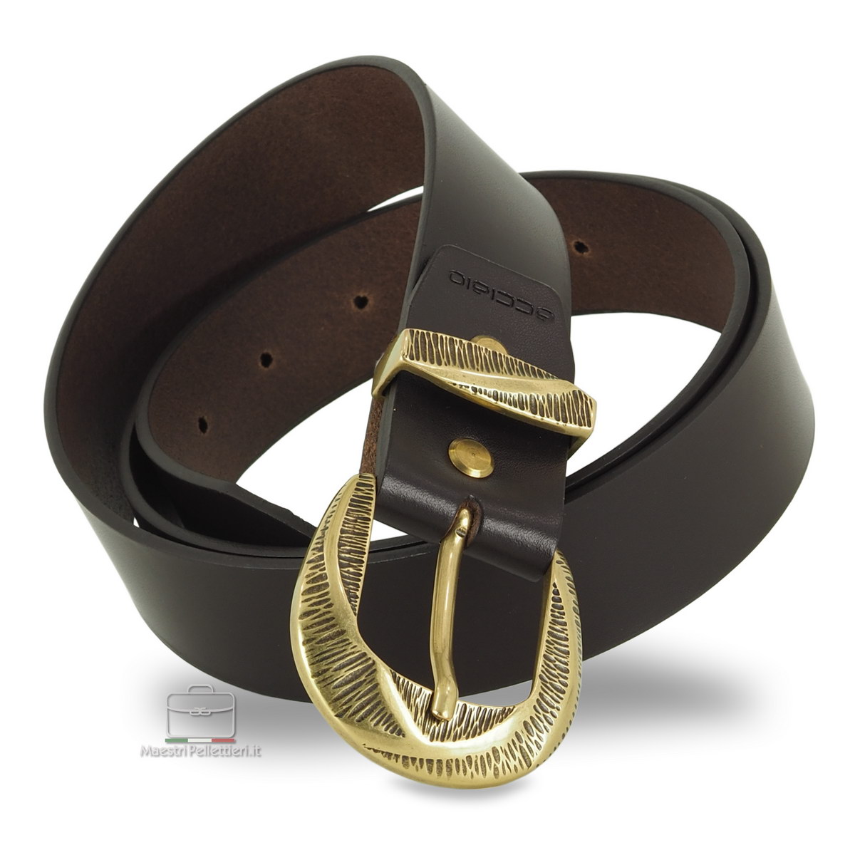 woman's black belt with brass buckle