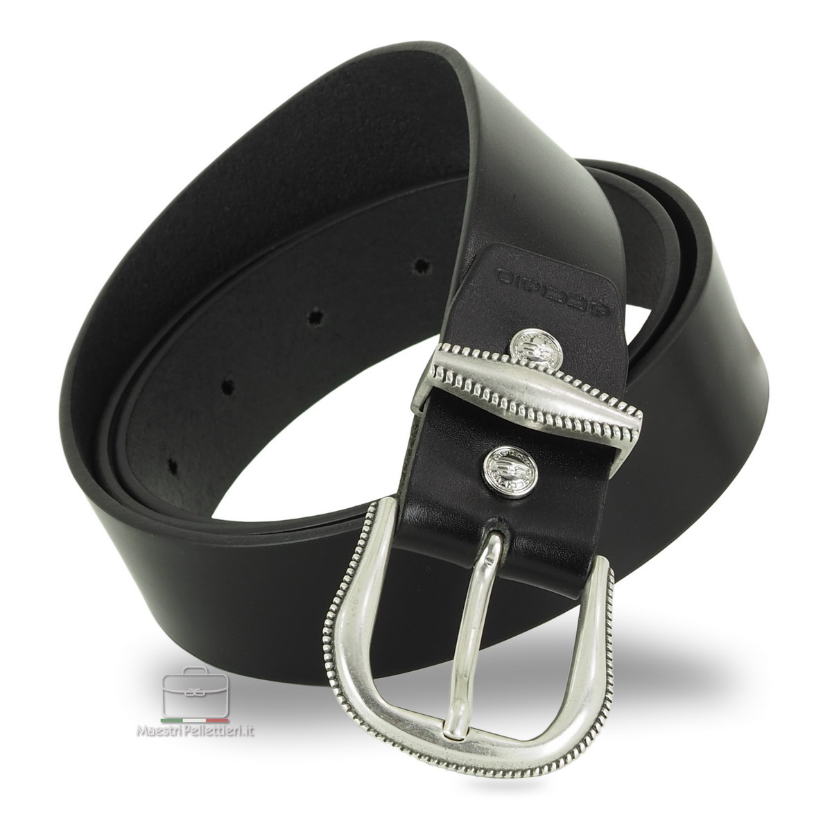 woman's black belt with silver buckle