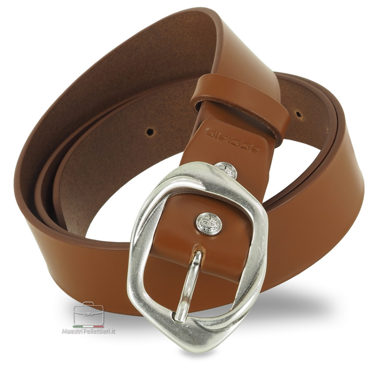 woman's brown belt with silver buckle