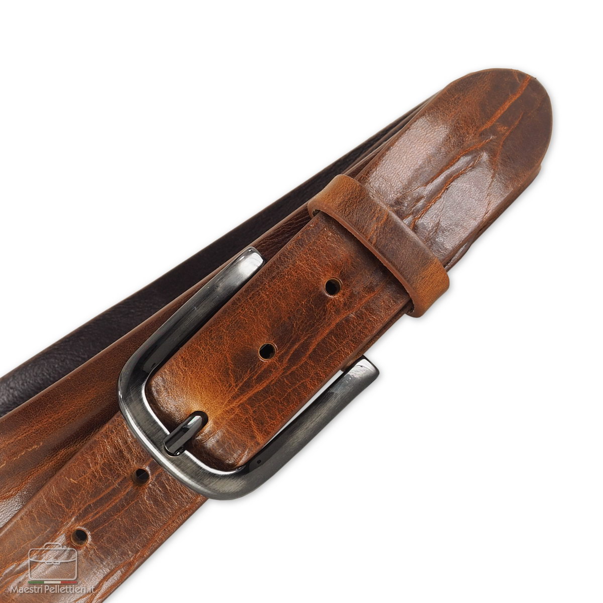 LederGuertel Cognac mit plissé, made in italy - Acciaio
