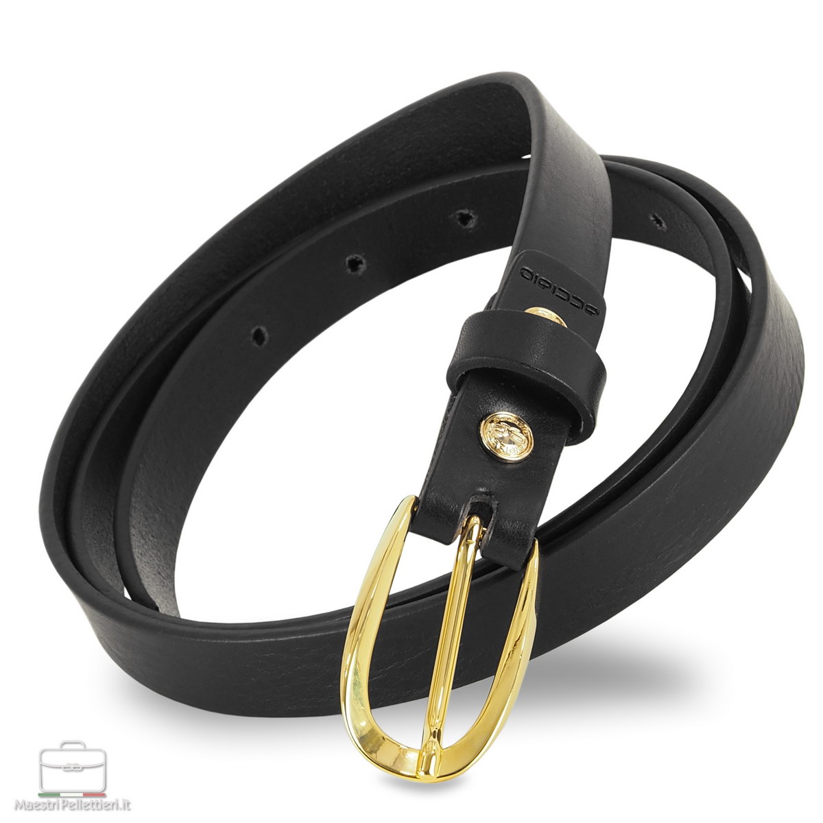 women's thin black leather belt gold buckle