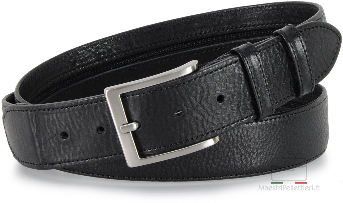 Cintura con cerniera Zip tasca segreta 4cm in pelle Nero | Acciaio