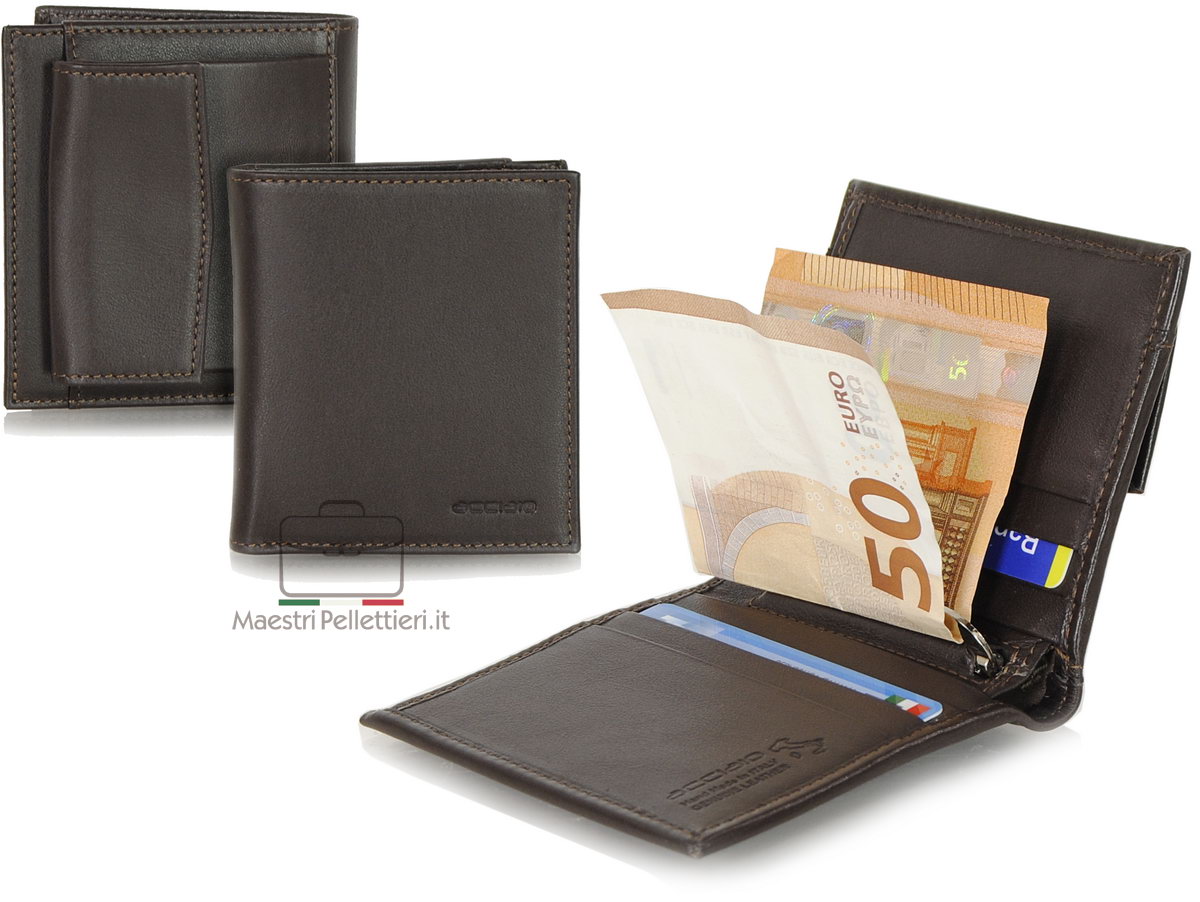 Portafoglio Uomo Slim In Ecopelle Con Fermasoldi A Molla: Porta Carte E Banconote - Pelle Pelle