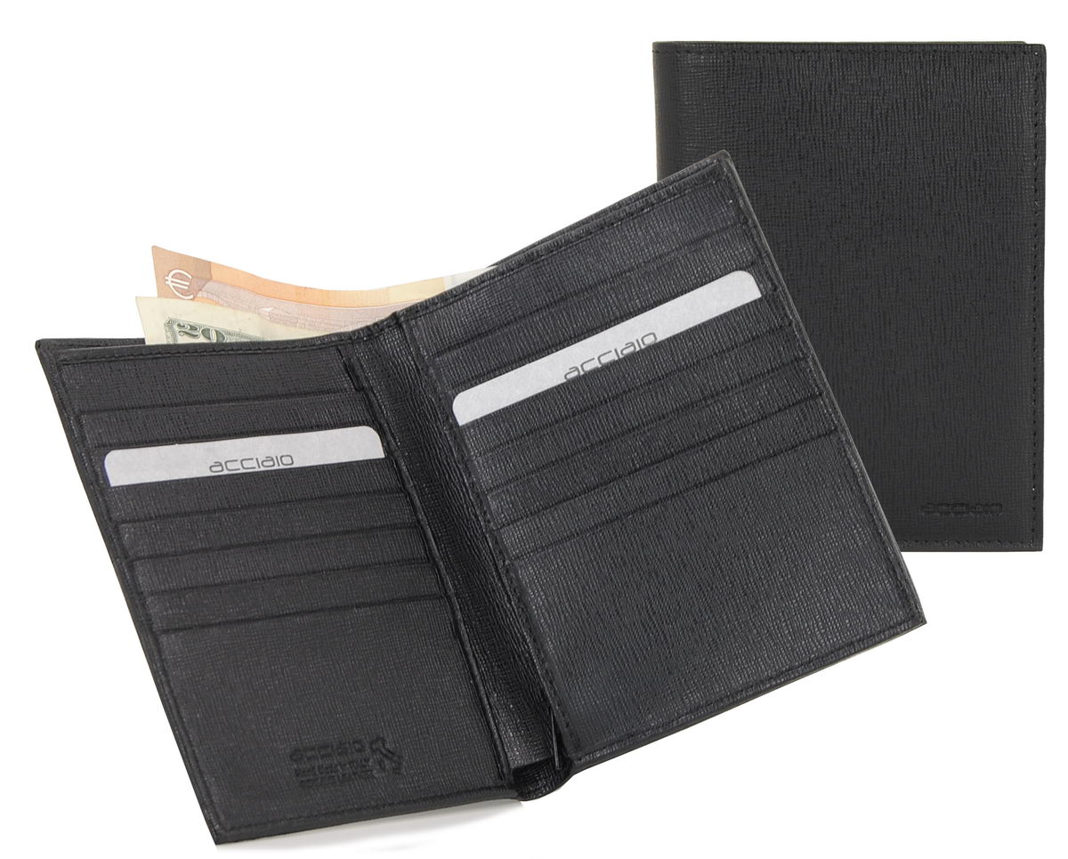 Portafoglio verticale uomo con zip in pelle saffiano Nero | Acciaio